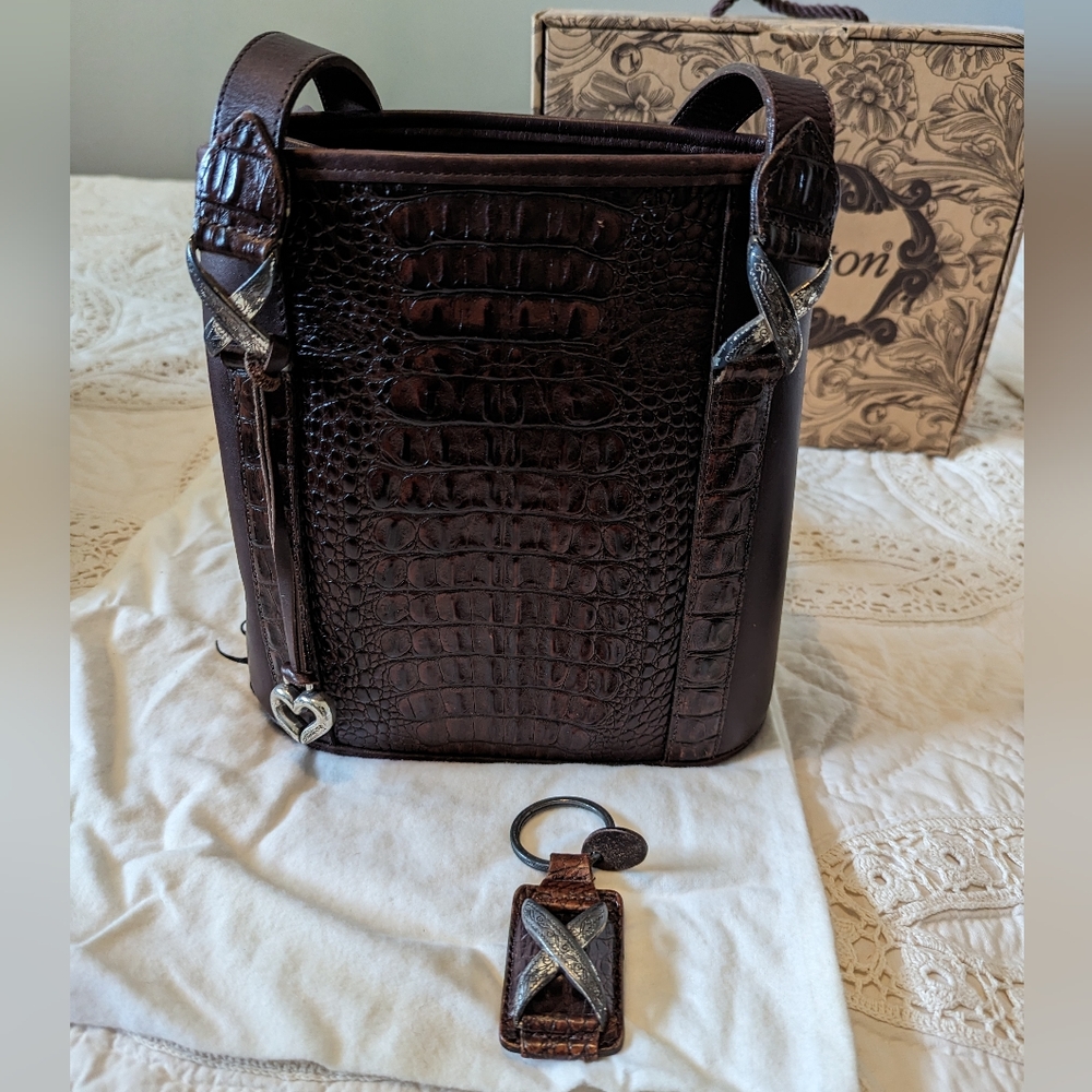 BRIGHTON BROWN CROCODILE LEATHER WOMEN'S SHOULDER BAG DOUBLE HANDLE